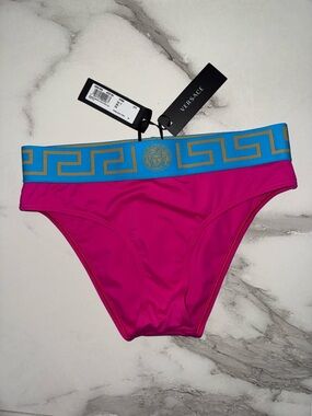Versace Hot Pink with Light Blue & Gold Greca Bikini Bottom